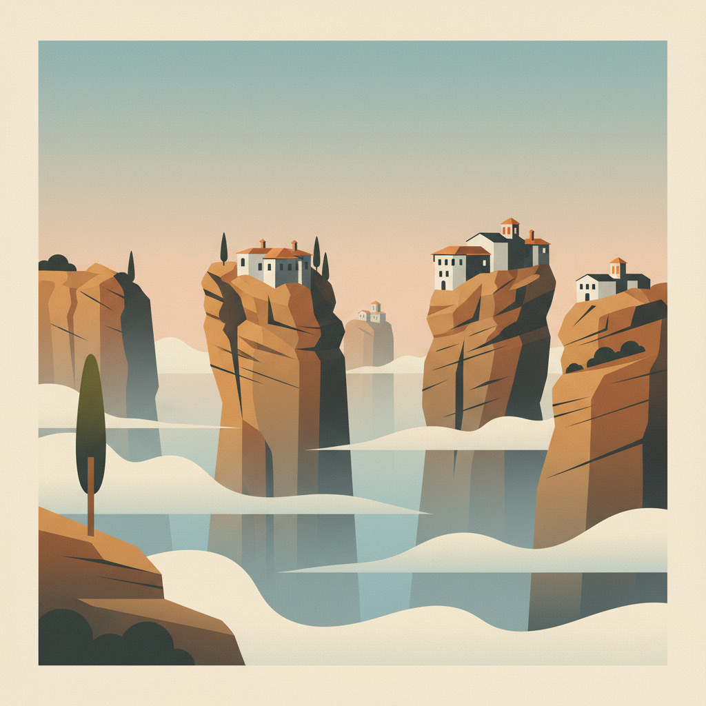 Meteora — illustrated travel poster