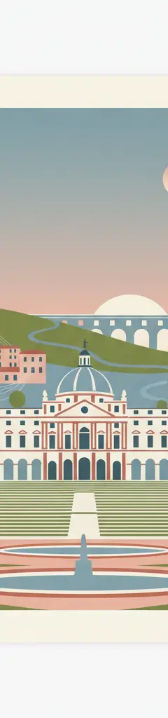 18th-Century Royal Palace at Caserta with the Park, the Aqueduct of Vanvitelli, and the San Leucio Complex — illustrated travel poster
