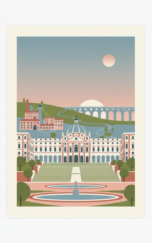 18th-Century Royal Palace at Caserta with the Park, the Aqueduct of Vanvitelli, and the San Leucio Complex — illustrated travel poster