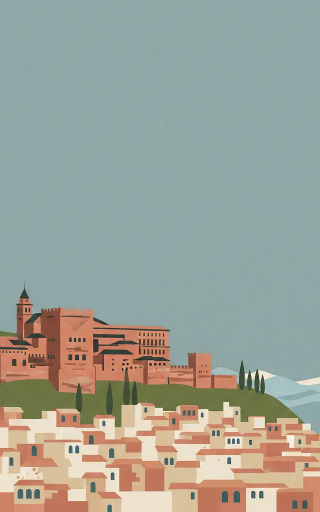 Alhambra, Generalife and Albayzín, Granada — illustrated travel poster
