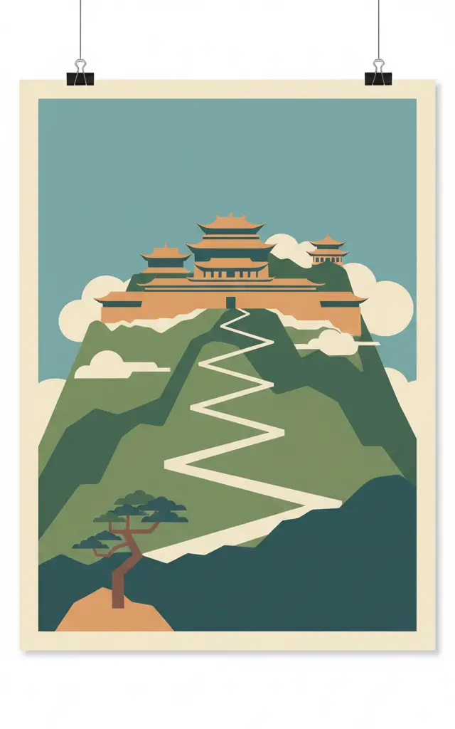 Ancient Building Complex in the Wudang Mountains — illustrated travel poster