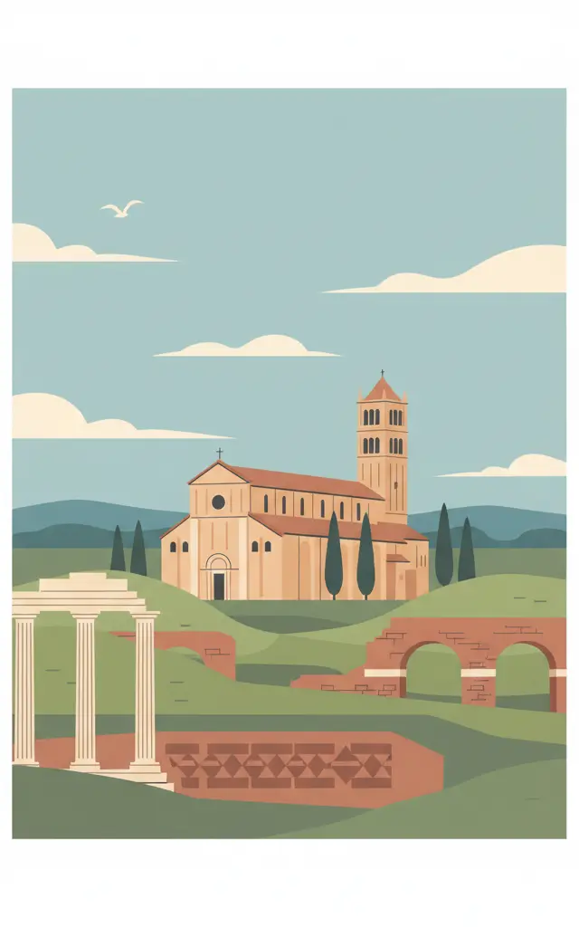 Archaeological Area and the Patriarchal Basilica of Aquileia — illustrated travel poster