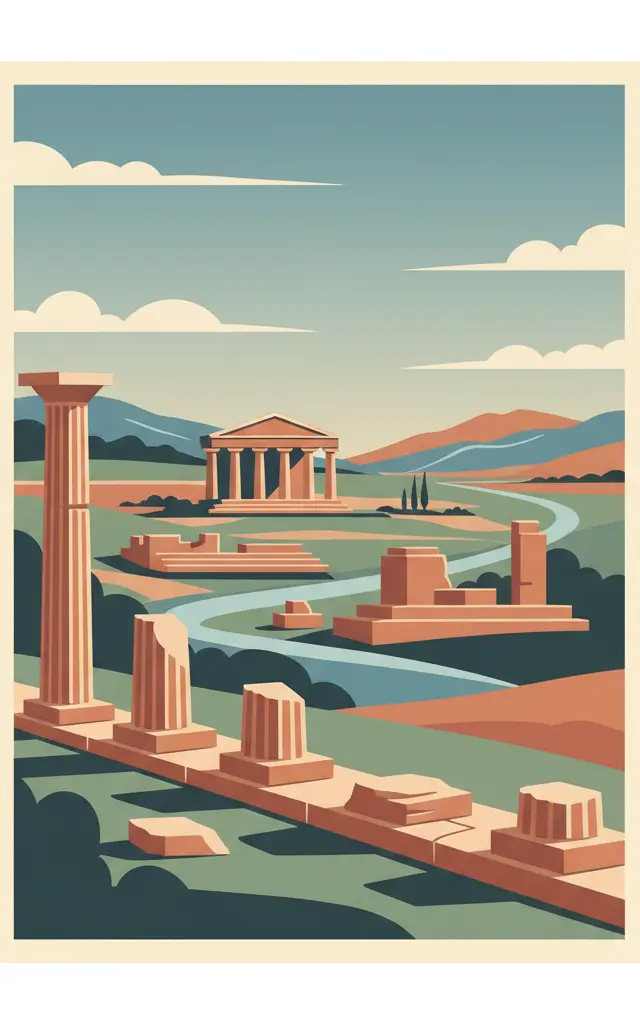 Archaeological Site of Olympia — illustrated travel poster