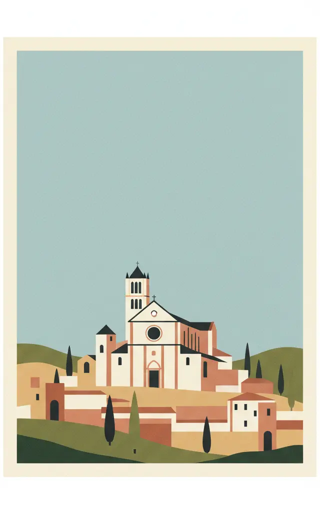 Assisi, the Basilica of San Francesco and Other Franciscan Sites — illustrated travel poster