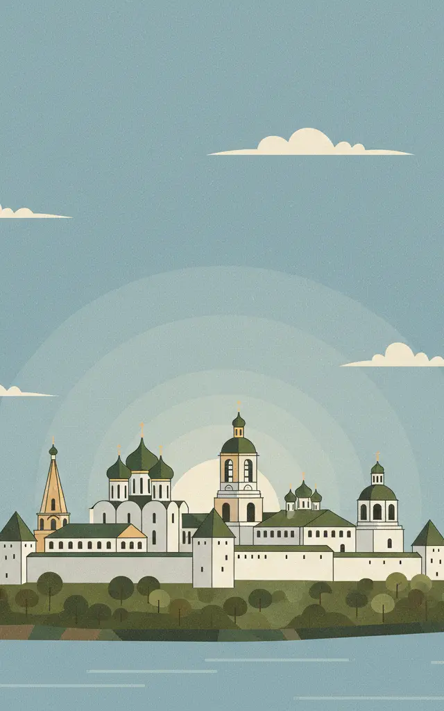 Assumption Cathedral and Monastery of the town-island of Sviyazhsk — illustrated travel poster