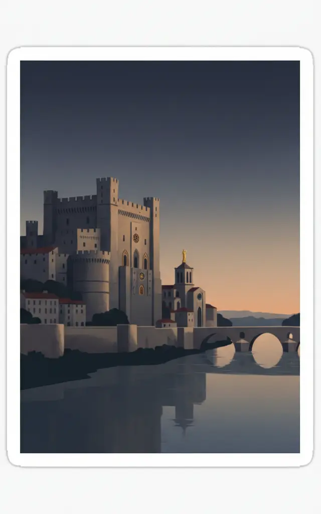 Historic Centre of Avignon: Papal Palace, Episcopal Ensemble and Avignon Bridge — illustrated travel poster