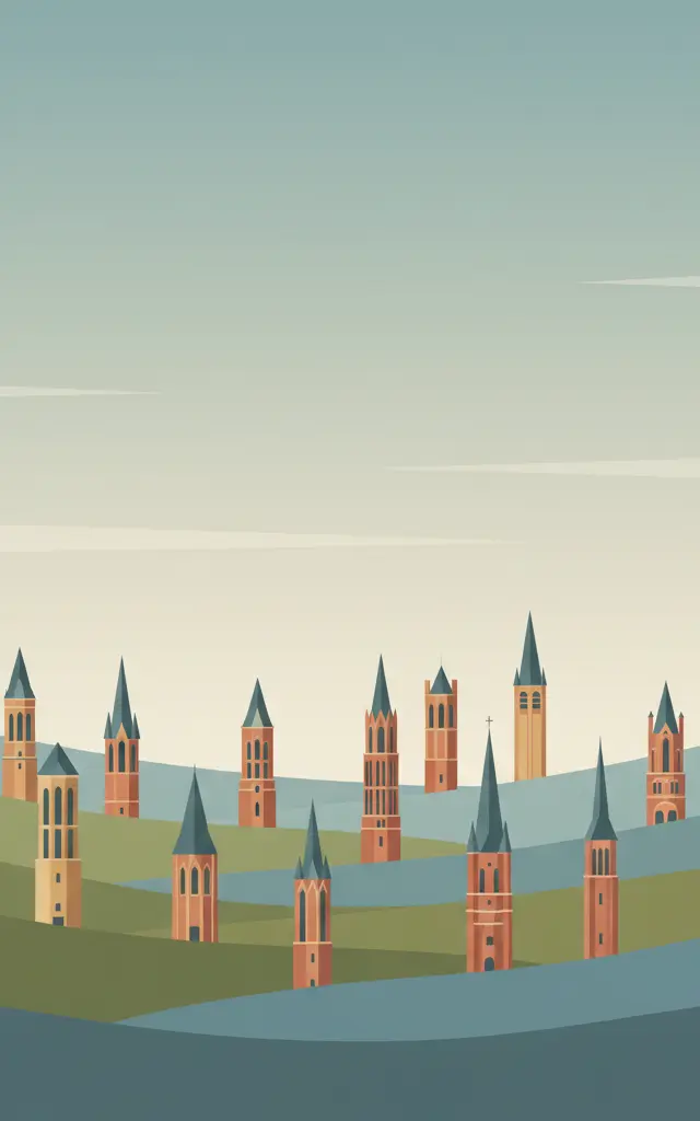 Belfries of Belgium and France — illustrated travel poster
