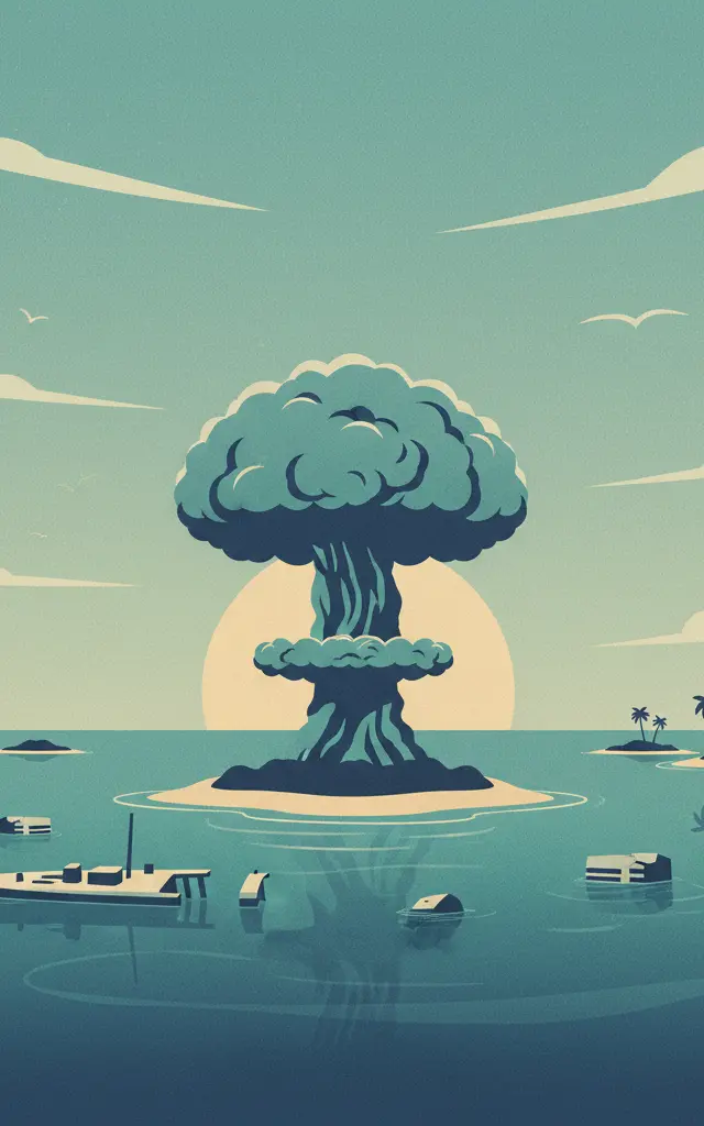 Bikini Atoll Nuclear Test Site — illustrated travel poster