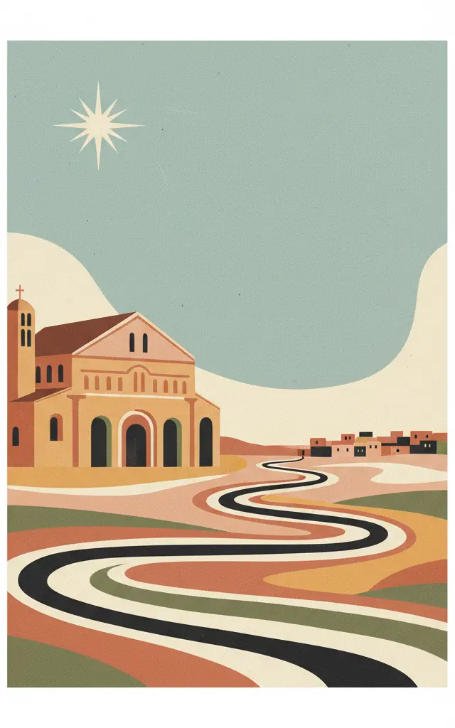 Birthplace of Jesus: Church of the Nativity and the Pilgrimage Route, Bethlehem — illustrated travel poster