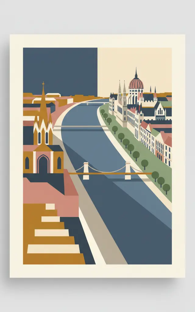 Budapest, including the Banks of the Danube, the Buda Castle Quarter and Andrássy Avenue — illustrated travel poster