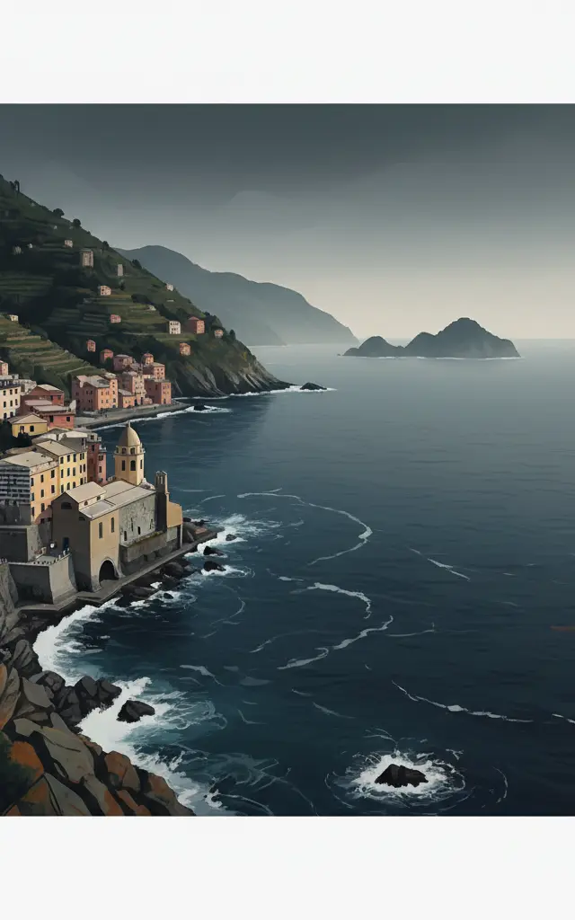 Portovenere, Cinque Terre, and the Islands (Palmaria, Tino and Tinetto) — illustrated travel poster