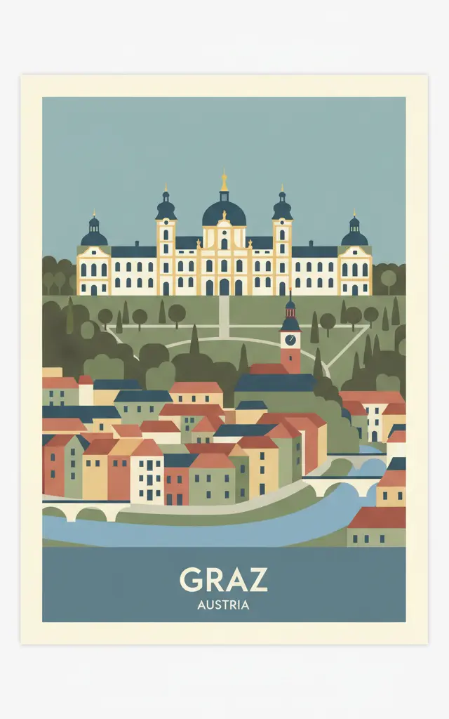 City of Graz – Historic Centre and Schloss Eggenberg — illustrated travel poster