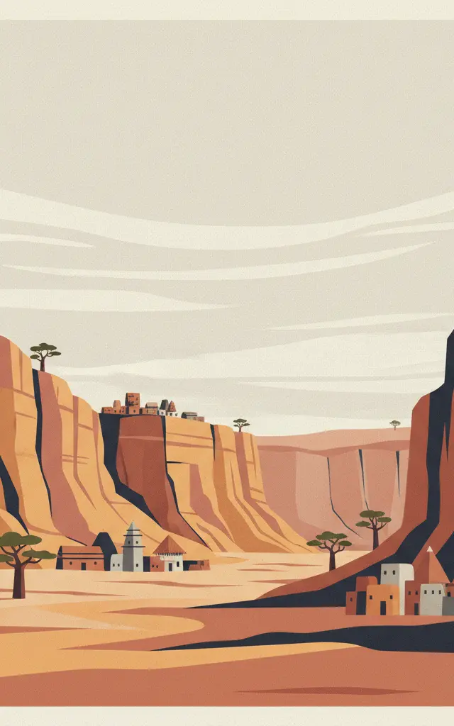 Cliff of Bandiagara (Land of the Dogons) — illustrated travel poster
