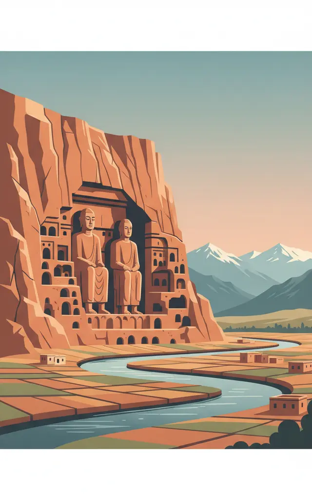Cultural Landscape and Archaeological Remains of the Bamiyan Valley — illustrated travel poster