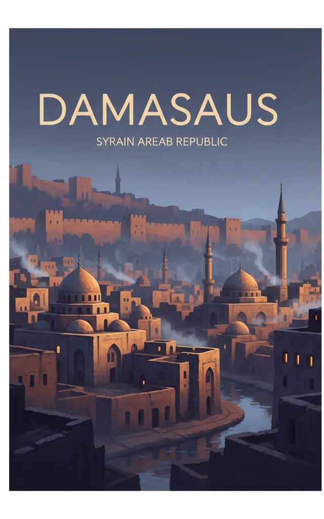 Ancient City of Damascus — illustrated travel poster