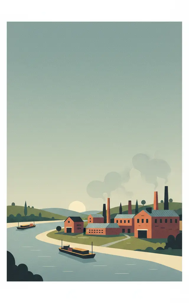 Fray Bentos Industrial Landscape — illustrated travel poster