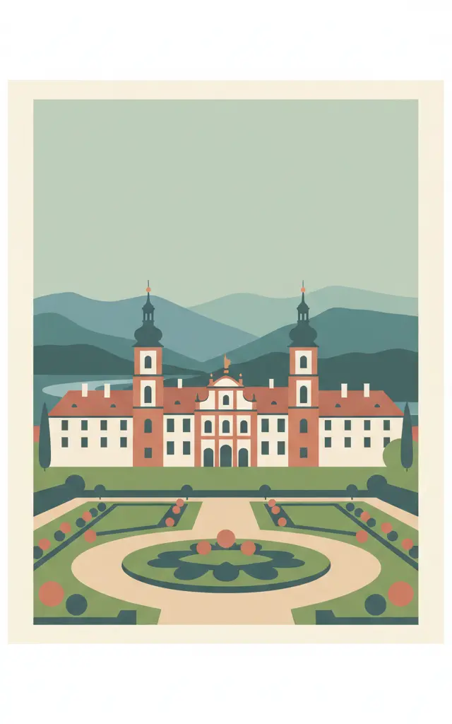 Gardens and Castle at Kroměříž — illustrated travel poster