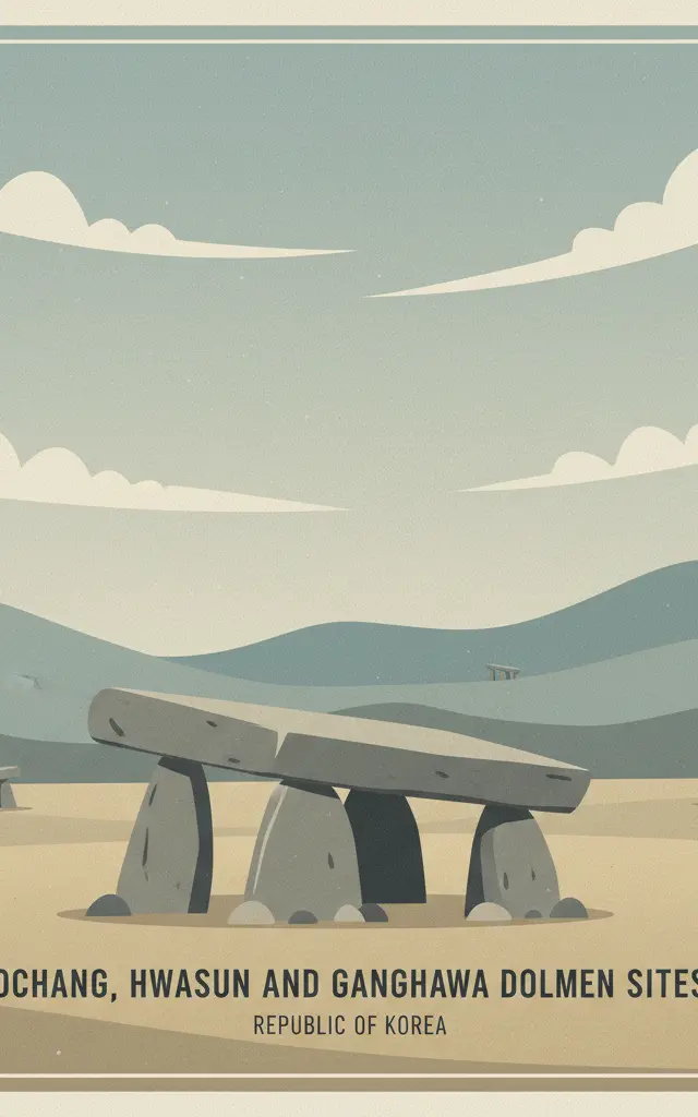Gochang, Hwasun and Ganghwa Dolmen Sites — illustrated travel poster