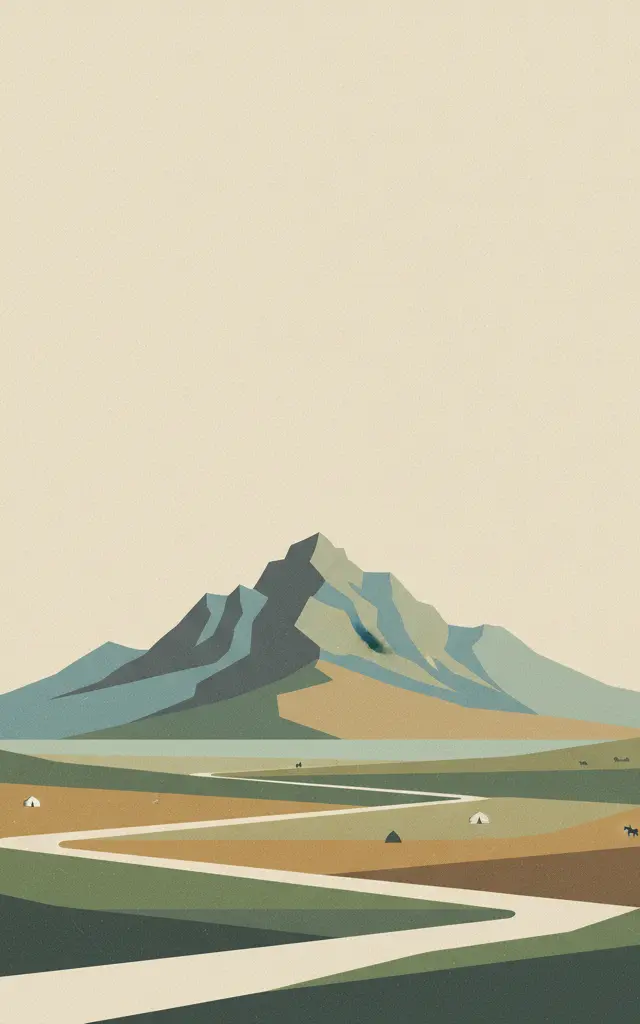 Great Burkhan Khaldun Mountain and its surrounding sacred landscape — illustrated travel poster