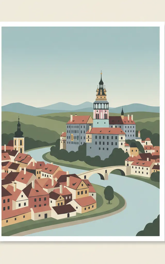 Historic Centre of Český Krumlov — illustrated travel poster