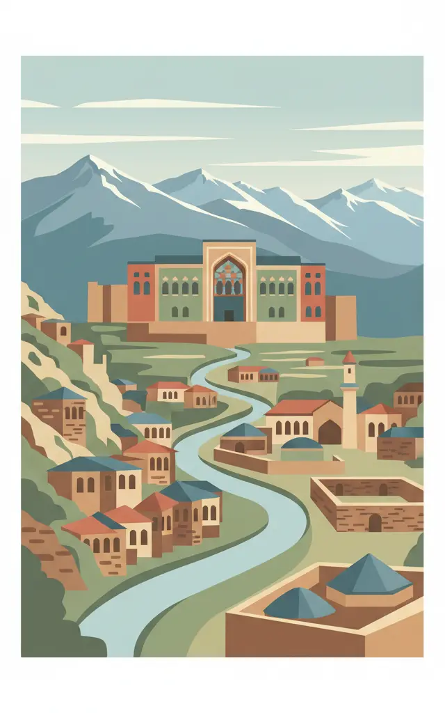 Historic Centre of Sheki with the Khan’s Palace — illustrated travel poster