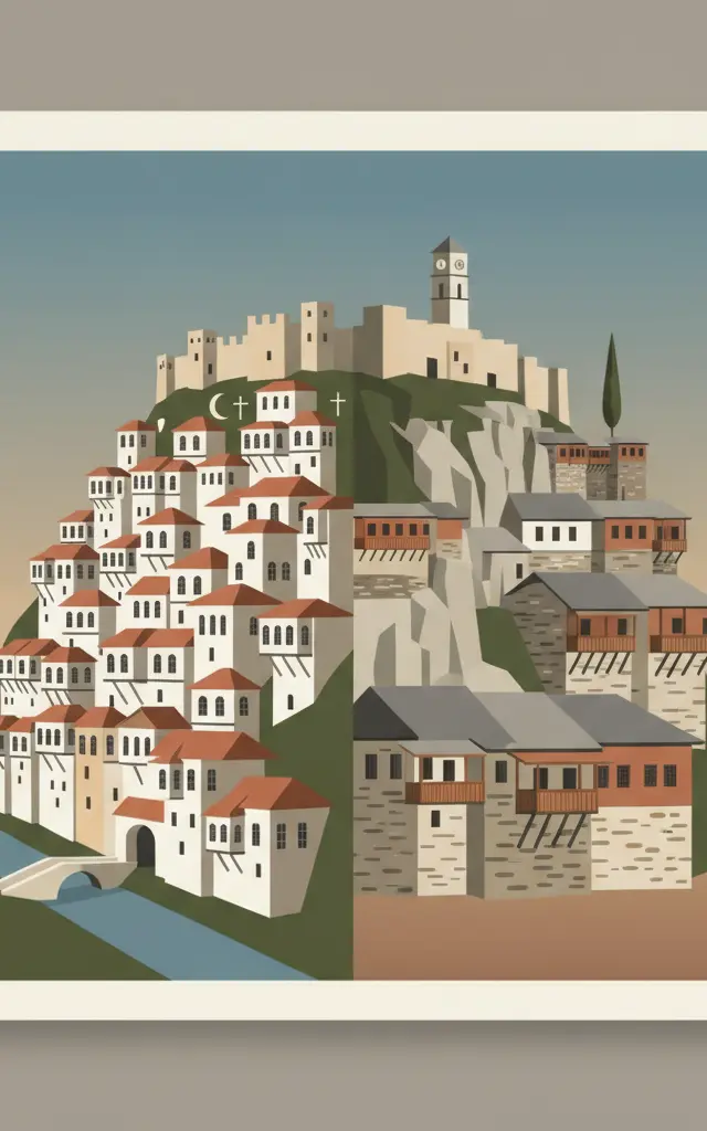 Historic Centres of Berat and Gjirokastra — illustrated travel poster
