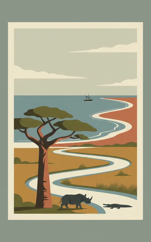 iSimangaliso Wetland Park – Maputo National Park — illustrated travel poster