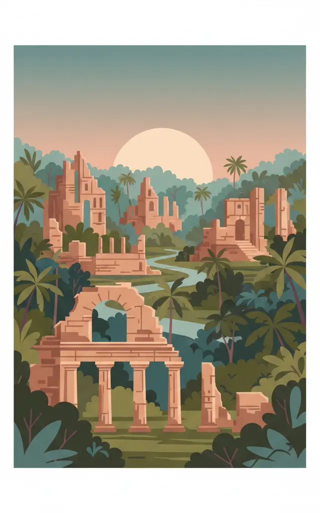 Jesuit Missions of the Guaranis: San Ignacio Mini, Santa Ana, Nuestra Señora de Loreto and Santa Maria Mayor (Argentina), Ruins of Sao Miguel das Missoes (Brazil) — illustrated travel poster