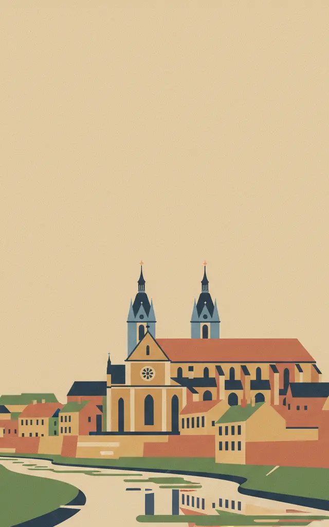 Jewish Quarter and St Procopius' Basilica in Třebíč — illustrated travel poster