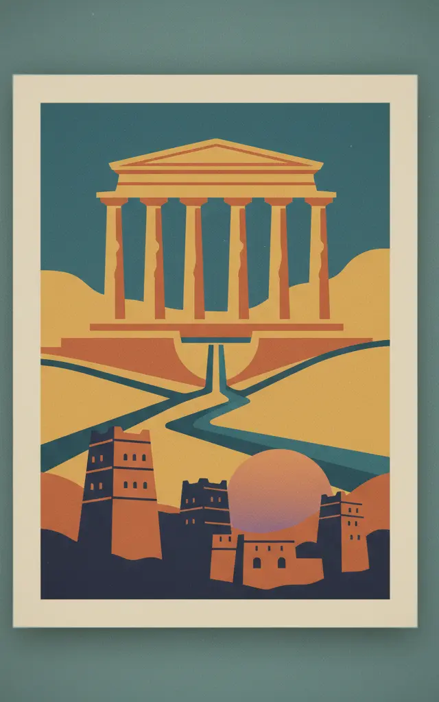Landmarks of the Ancient Kingdom of Saba, Marib — illustrated travel poster