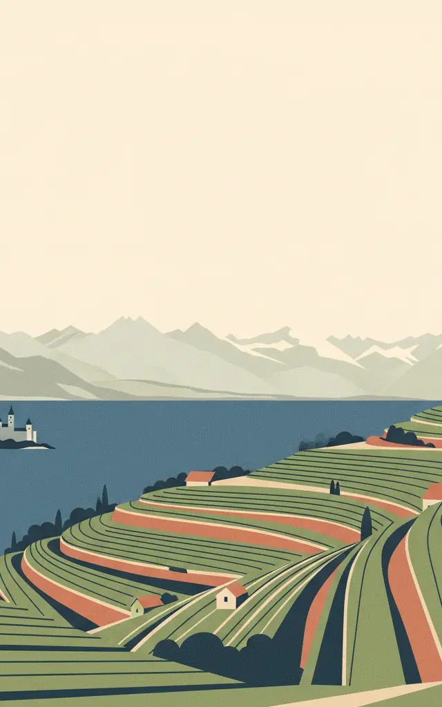 Lavaux, Vineyard Terraces — illustrated travel poster