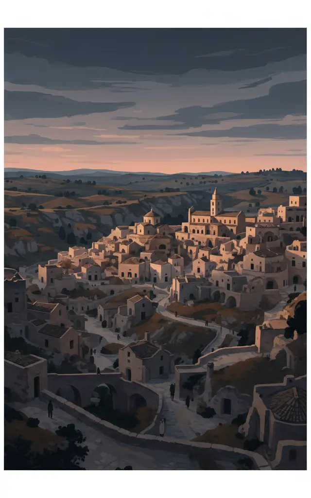 The Sassi and the Park of the Rupestrian Churches of Matera — illustrated travel poster