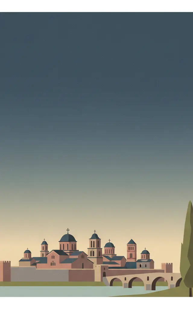 Medieval Monuments in Kosovo — illustrated travel poster