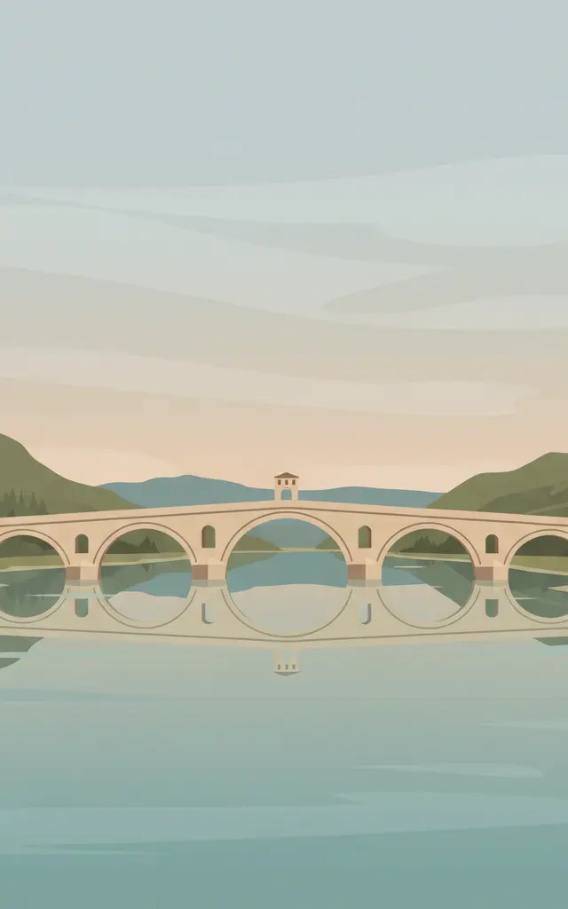Mehmed Paša Sokolović Bridge in Višegrad — illustrated travel poster