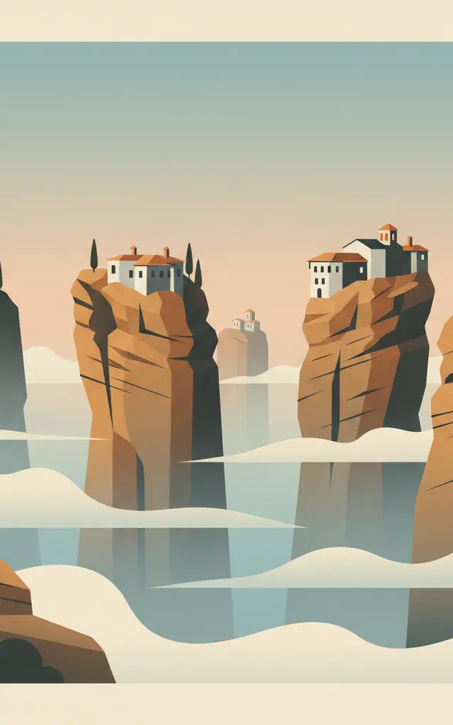 Meteora — illustrated travel poster