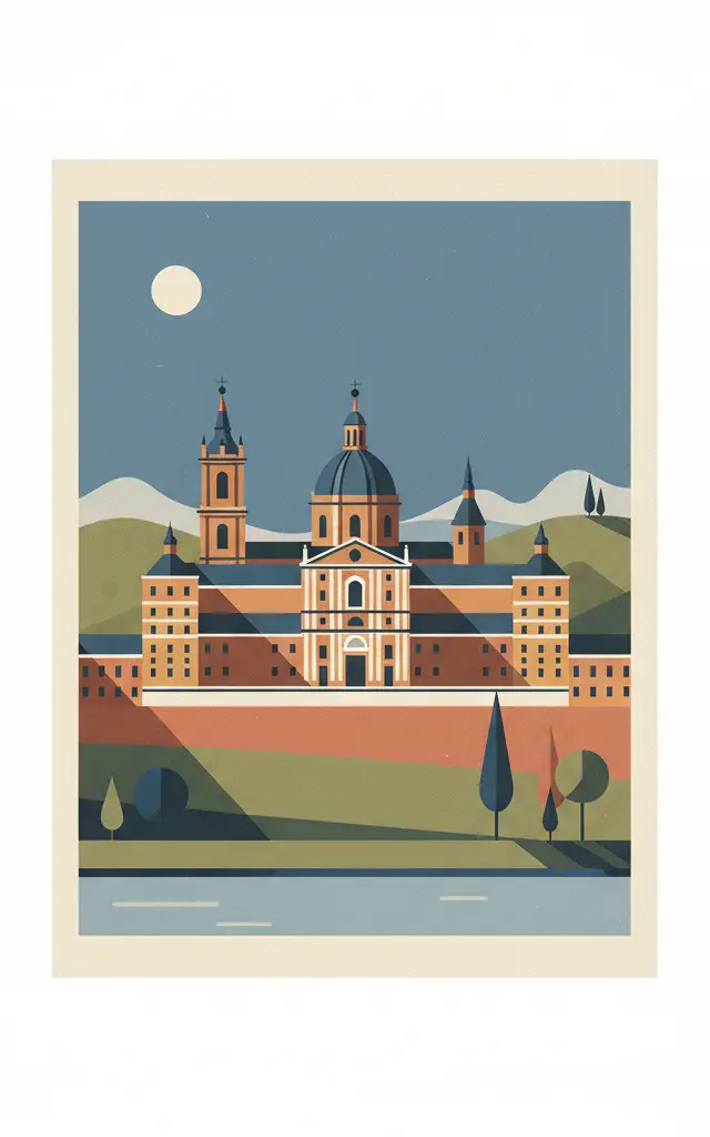 Monastery and Site of the Escurial, Madrid — illustrated travel poster