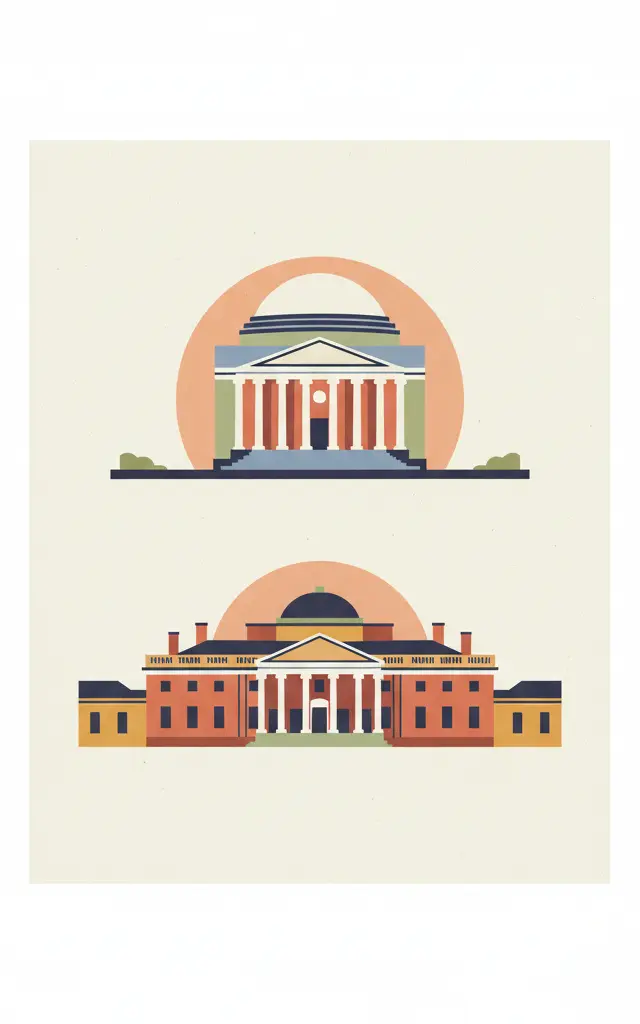Monticello and the University of Virginia in Charlottesville — illustrated travel poster