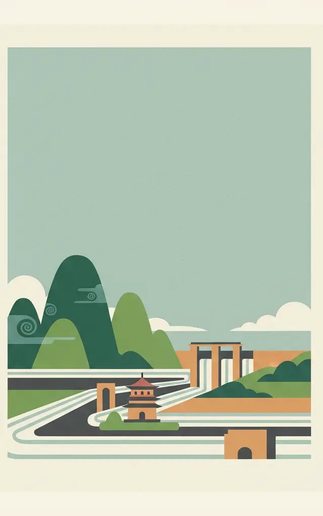 Mount Qingcheng and the Dujiangyan Irrigation System — illustrated travel poster