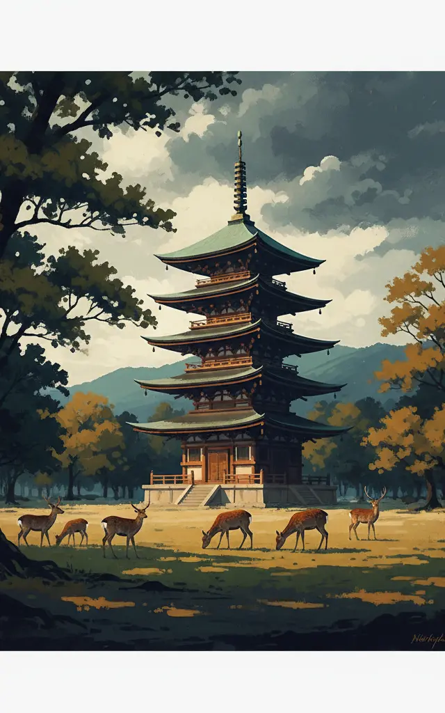 Historic Monuments of Ancient Nara — illustrated travel poster
