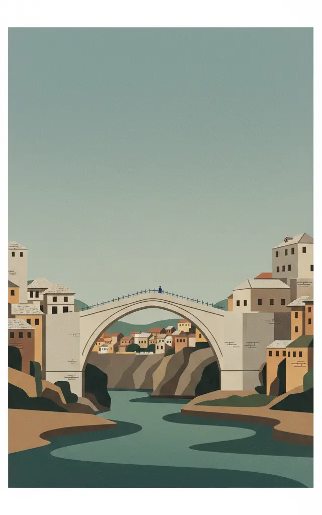 Old Bridge Area of the Old City of Mostar — illustrated travel poster