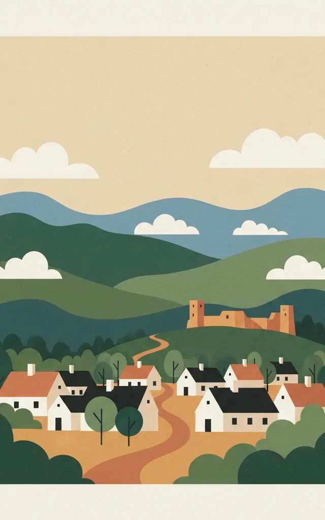 Old Village of Hollókő and its Surroundings — illustrated travel poster