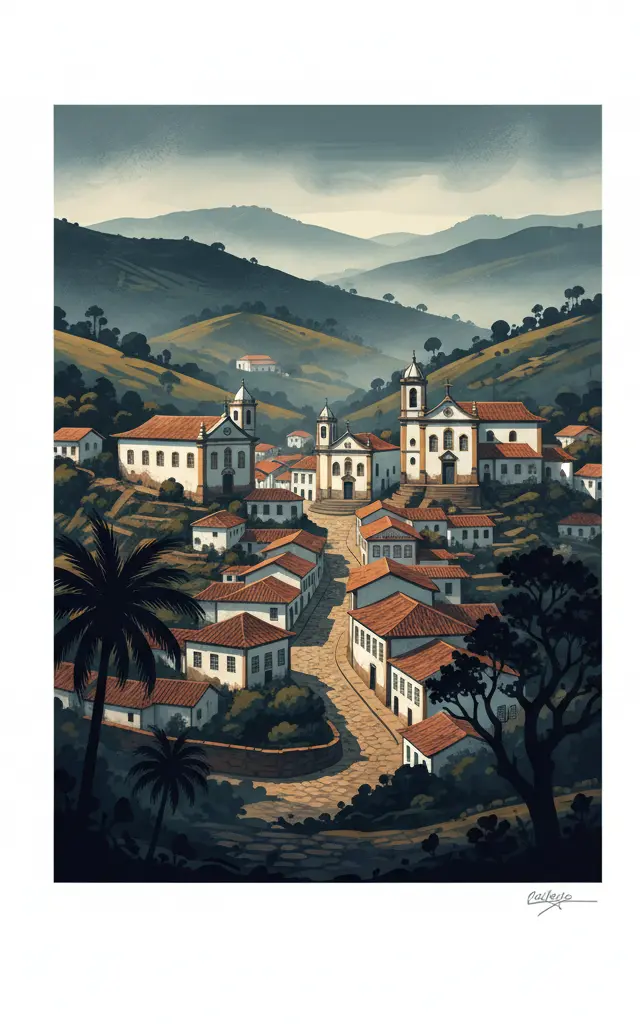Historic Town of Ouro Preto — illustrated travel poster