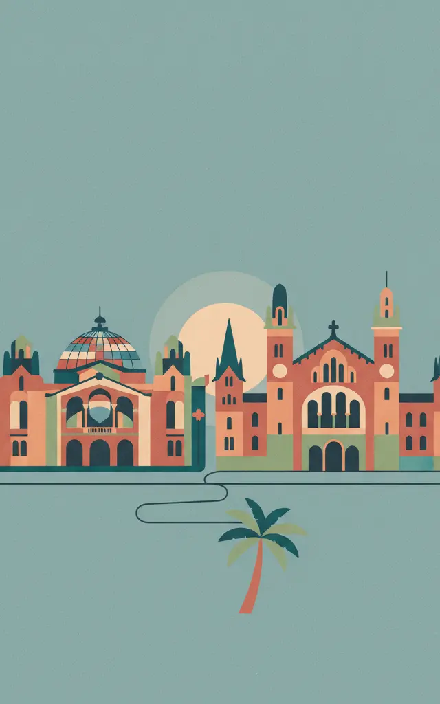 Palau de la Música Catalana and Hospital de Sant Pau, Barcelona — illustrated travel poster