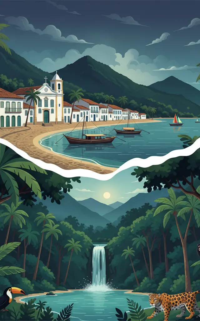 Paraty and Ilha Grande – Culture and Biodiversity — illustrated travel poster