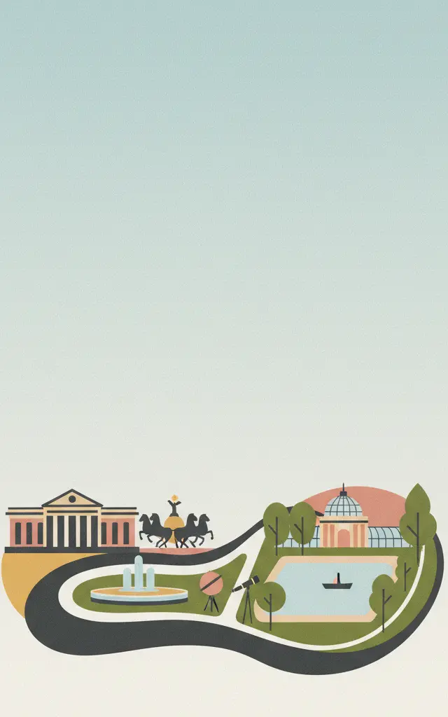 Paseo del Prado and Buen Retiro, a landscape of Arts and Sciences — illustrated travel poster