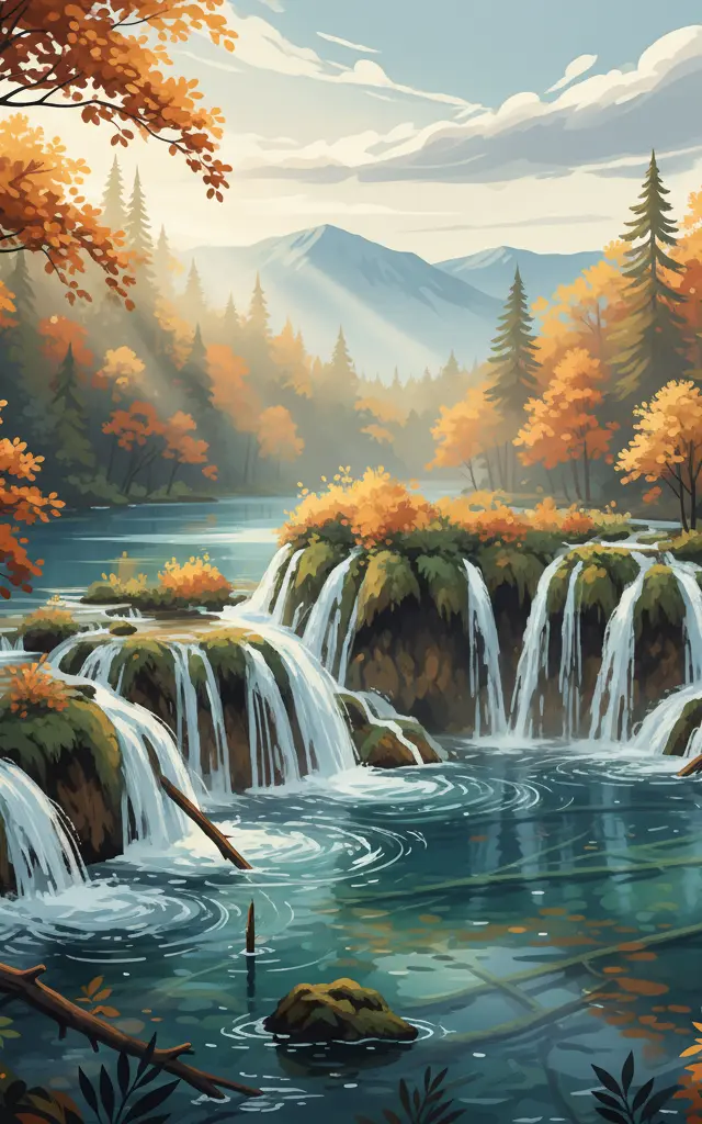 Plitvice Lakes National Park — illustrated travel poster