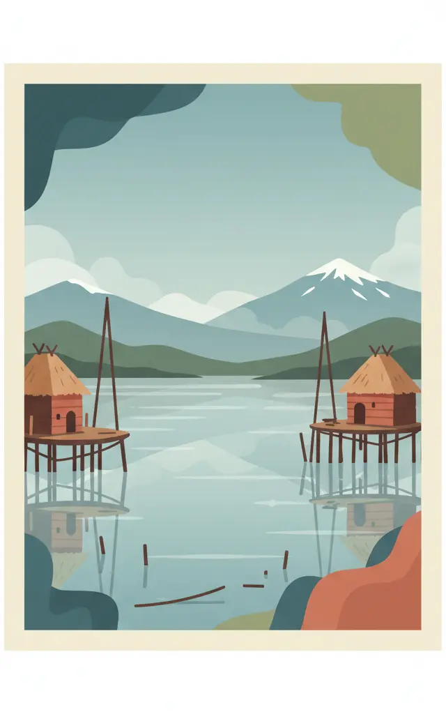 Prehistoric Pile Dwellings around the Alps — illustrated travel poster