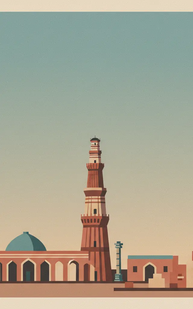 Qutb Minar and its Monuments, Delhi — illustrated travel poster
