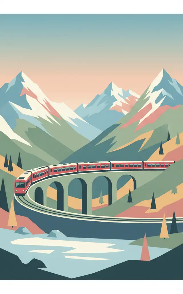 Rhaetian Railway in the Albula / Bernina Landscapes — illustrated travel poster