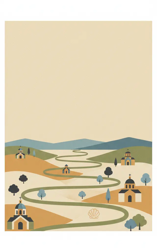 Routes of Santiago de Compostela: <i>Camino Francés</i> and Routes of Northern Spain — illustrated travel poster